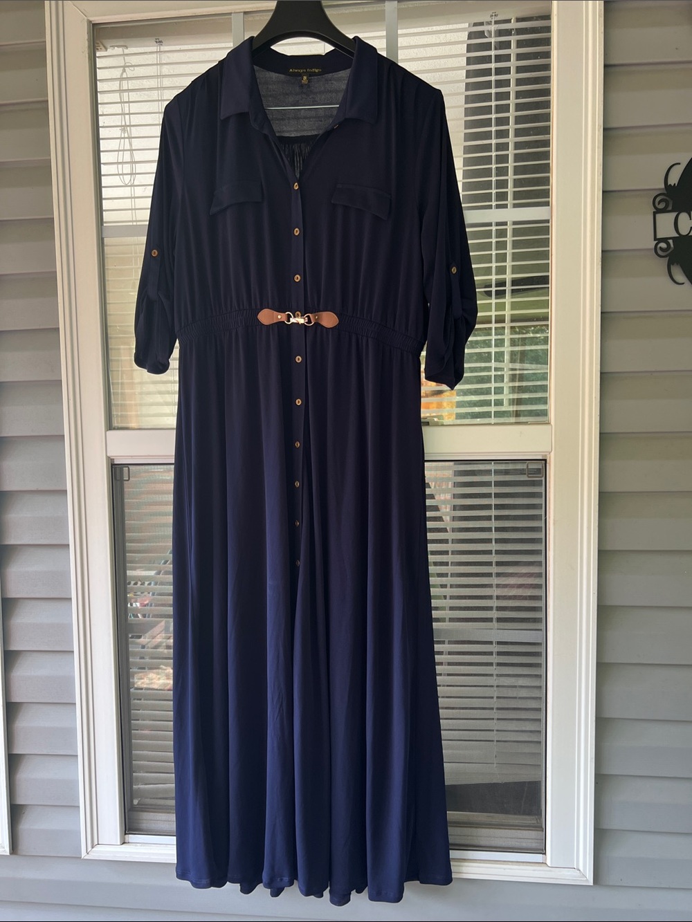 Classic Navy Maxi Shirt Dress with Waist Accent